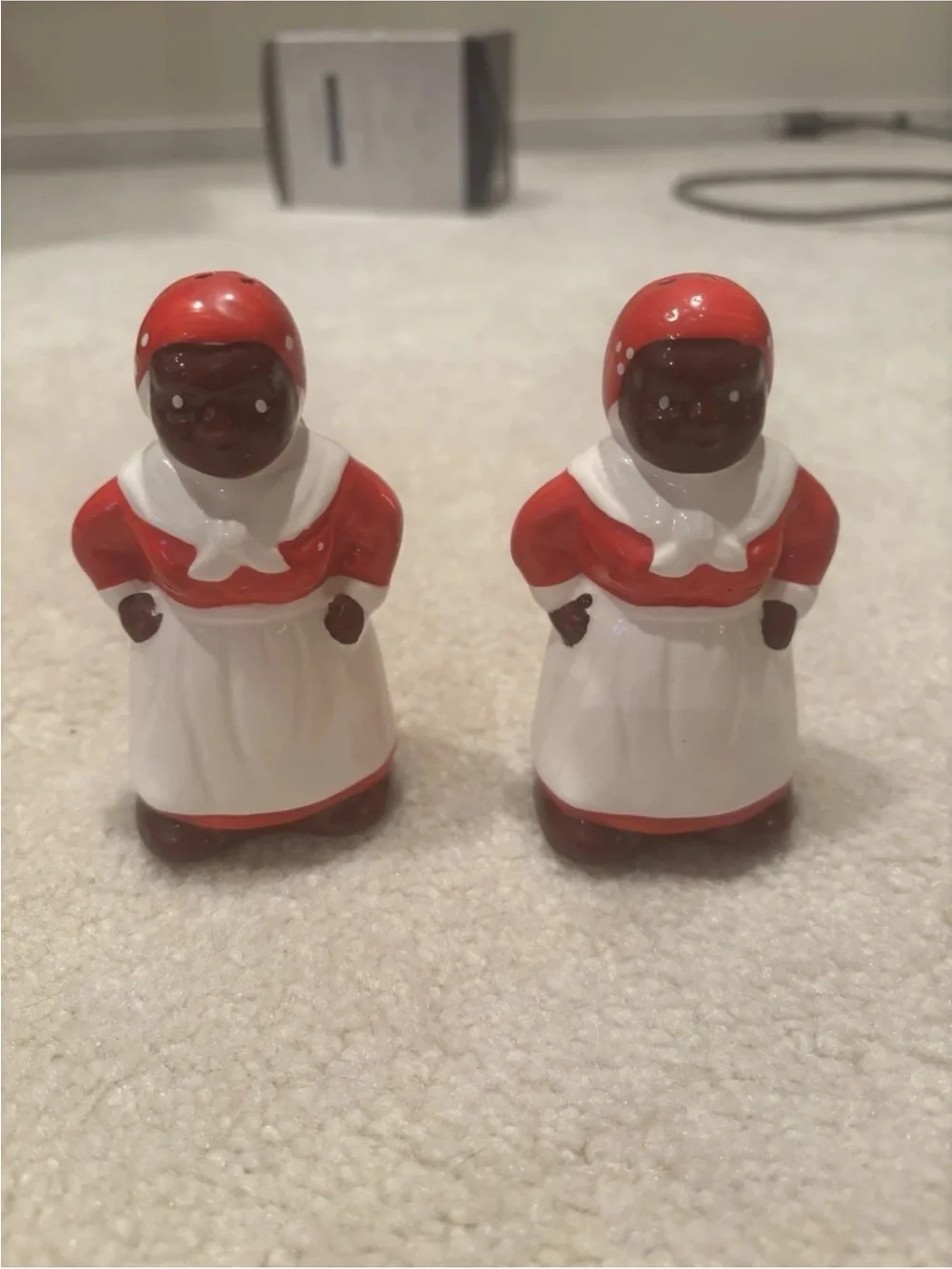 Vintage Ceramic Mammy Salt and Pepper Shakers - Red, White, Brown